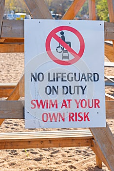 No lifeguard on duty warning sign on beach