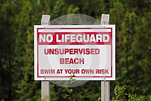 A no lifeguard unsupervised beach use at own risk sign