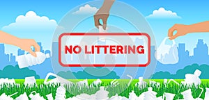 No littering human hands throwing plastic waste in the park lawn grass .global ecology problem concept
