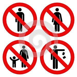 No man sign, No woman sign, Parent and child sign, No littering