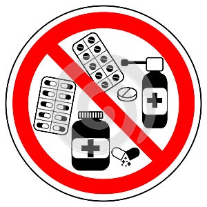 No medicine, pills. Prohibition sign, vector.