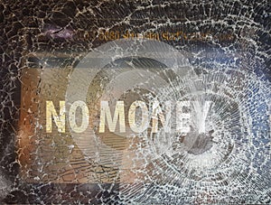 No money concept. ATM with broken glass