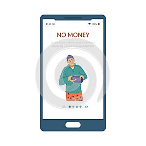 No money flat vector smartphone banner with a man with empty wallet. Asian student hipster is broke and poor.