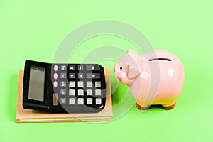 No money. planning counting budget. Commerece business. bookkeeping. financial report. moneybox with calculator. Piggy