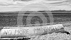 No more mandates text on a log at the beach, Aotearoa / New Zealand