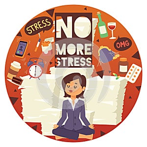 No more stress motivation background vector illustration. Young, calm, cartoon woman sittting and meditating. Female