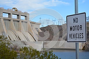 No Motor Vehicles Sign on the Colorado River across from Davis Dam in Laughlin, Clark County, Nevada USA