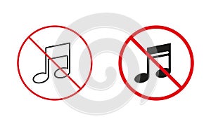 No Music Allowed Warning Sign Set. Silence Zone. Musical Note Prohibit Line And Silhouette Icons. No Sound Area, Not