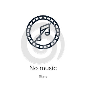 No music icon. Thin linear no music outline icon isolated on white background from signs collection. Line vector sign, symbol for