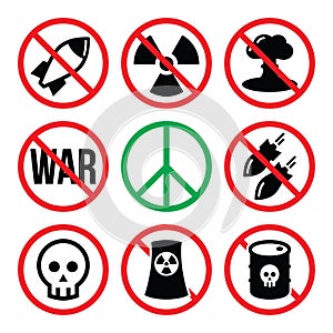 No nuclear weapon, no war, no bombs warning signs