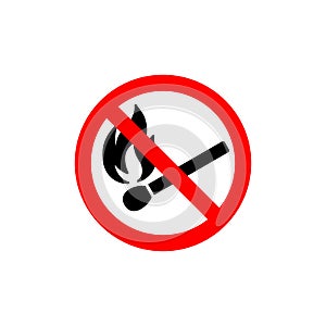 No open fire burning symbol. Black matchstick with flame in red crossed circle. Forbidden sign with burning matchstick.