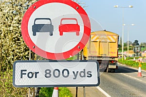 No Overtaking 800 yards Zone sign on UK motorway with lorry on background