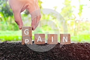 No pain no gain concept. Hand changing pain word to gain in wooden blocks on natural background.