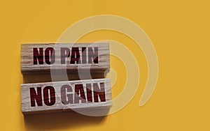 No Pain No Gain message written with wooden blocks on yellow. Business success concept