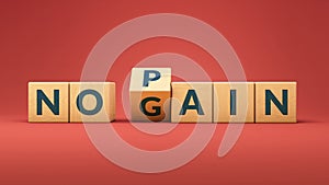 No pain no gain wooden cubes in 3d rendering on a red background. Wooden cube with word `pain` to `gain`