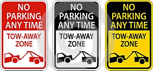 No Parking Any Time Tow Away Zone Sign On White Background photo