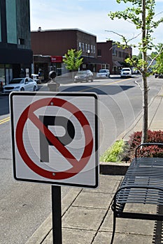 No parking sign in small town business district