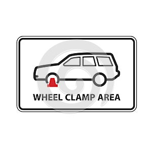No parking, wheel clamping zone warning sign, car with clamped wheel
