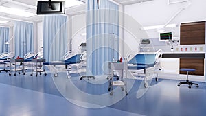 With no people hospital beds in emergency room 3D