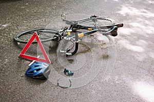 No people. Place of hit. Bicycle accident on the road in forest at daytime