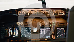 No people in plane cockpit to fly airplane with navigation