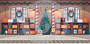 no people santa claus factory with gifts and decorated christmas tree new year winter holidays celebration concept