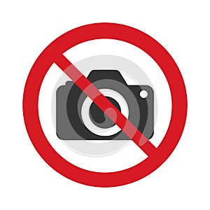 No photo camera vector sign icon isolated on white background. Digital photo camera symbol. Red prohibition sign.