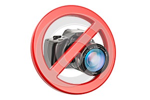No photo concept. Forbidden sign with digital camera, 3D rendering