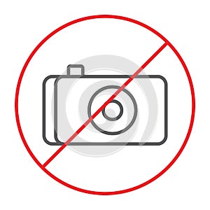 No photo thin line icon, prohibited and ban, no camera sign, vector graphics, a linear pattern on a white background.