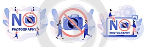 No photography icon. Tiny people and red sign No camera. No pictures. Modern flat cartoon style. Vector illustration on