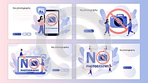 No photography icon. Tiny people and red sign No camera. No pictures. Screen template for landing page, template, ui