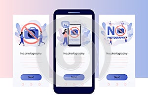No photography icon. Tiny people and red sign No camera. No pictures. Screen template for mobile, smartphone app. Modern