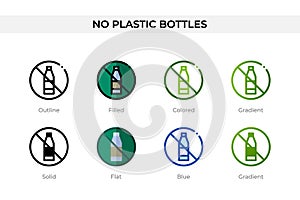 No plastic bottles icon in different style. No plastic bottles vector icons designed in outline, solid, colored, filled, gradient