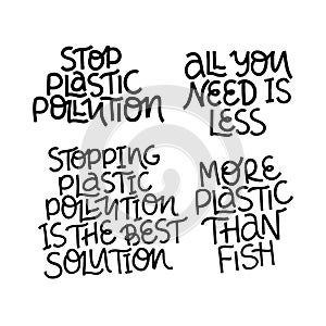 No plastic pollution hand drawn vector letterings set