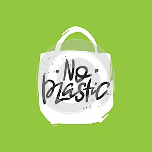 No plastic vector handwritten quote, brush lettering inscription. Zero waste concept.