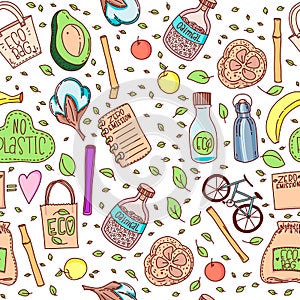 No plastic. Zero waste. Eco lifestyle. Vector illustration. Seamless pattern.