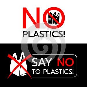 No plastics banner, say no plastics banner with stop plastic bag and plastic pollution sign vector design