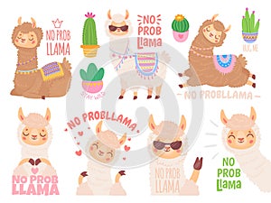 No prob llama. Cool llamas have no problems, wildlife animals no problem quote illustration vector set. Funny lama
