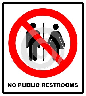 No public restrooms symbol. Do not pooping and peeing people sign. No WC. Warning red banner for outdoors and forests with male, f