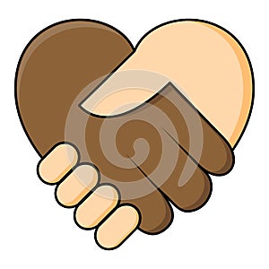 No racism - shake hand in heart shape. Two hands dark and fair skin in a handshake. Equality of races concept icon. Great also for