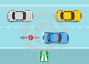 No reverse on an expressway. Driving a car in reverse gear is not allowed. Traffic rules on highway, speedway, motorway.