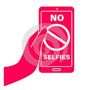 No selfies prohibition sign. No photo allowed poster design. Isolated vector icon with hand holding gadget.