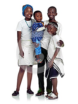 No sibling rivalry here. African siblings against white background.