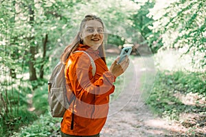 No signal cellphone network. No communication coverage, lost contact signal device. Sad woman tourist hiker hand holding