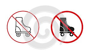 No Skating Zone Allowed. Roller Skating Warning Sign Set. Sports Footwear Red Circle Symbol. Roller Skate Prohibited