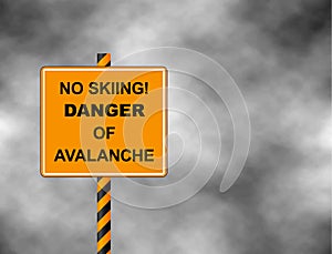 No skiing track closed avalanche danger slope. Security prohibition sign with black text on yellow background. Vector illustration
