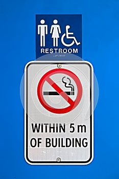 A no smoking within 5m of building sign at a reststop washroom photo