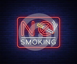 No smoking neon sign. Bright character, neon banner, icon, luminous warning sign of smoking in an unauthorized place photo