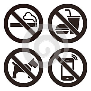 No smoking, No food or drink, No dogs and No cell phone prohibited signs