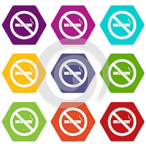 No smoking sign icon set color hexahedron